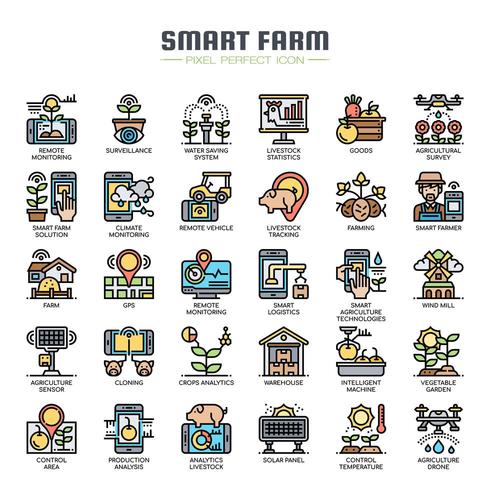 Iconos de línea delgada de granja inteligente de tecnología vector