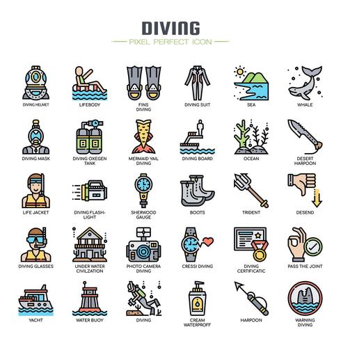 Elementos de buceo Iconos de líneas finas vector