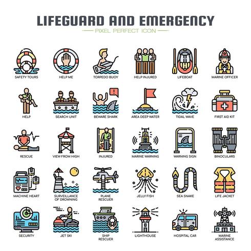 Iconos de línea fina de salvavidas y servicio de emergencia vector