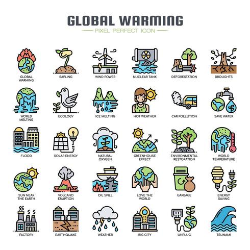 Iconos de delgada línea de calentamiento global vector