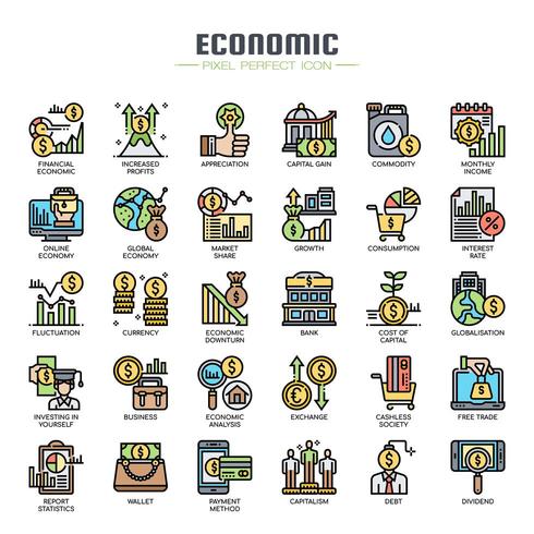 Iconos de línea fina de elementos económicos vector