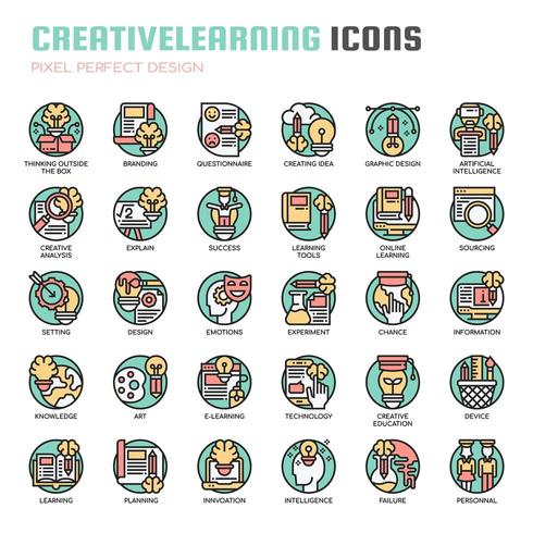 Iconos de línea fina de aprendizaje creativo vector