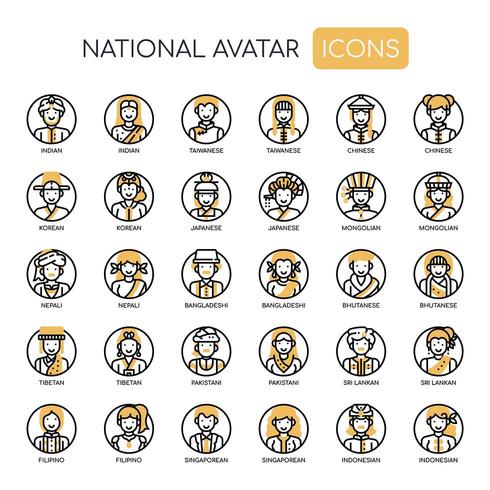 Iconos monocromáticos de línea fina de avatar nacional vector