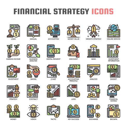 Iconos de línea fina de estrategia financiera vector