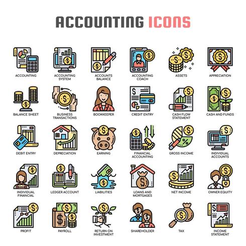 Iconos de línea fina de contabilidad vector