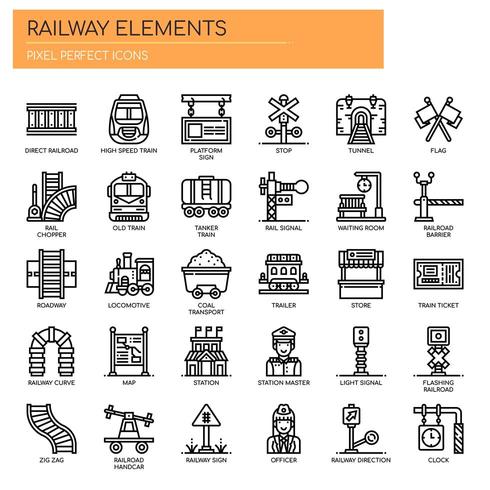 Iconos de línea fina de elementos ferroviarios vector