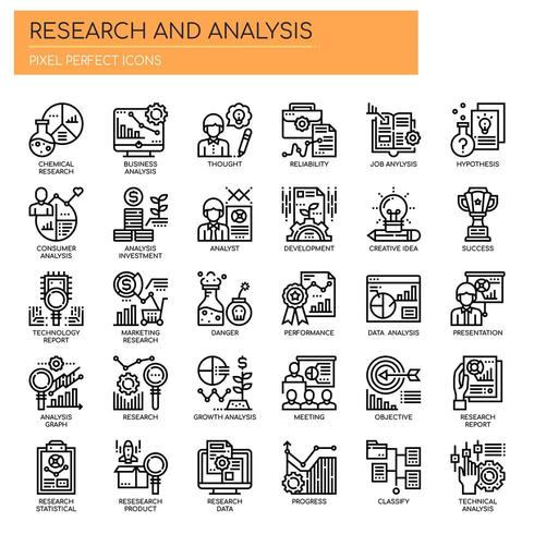 Iconos de líneas finas de investigación y análisis vector