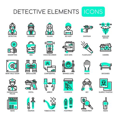 Elementos de detectives iconos de líneas finas vector