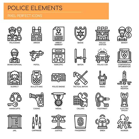 Elementos policiales Iconos de líneas finas vector