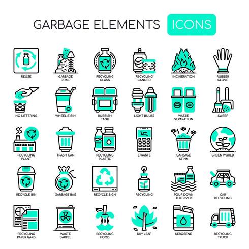 Garbage Elements Thin Line Monochrome Icons vector