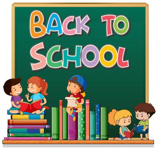 Back to school template with students and books on chalkboard vector