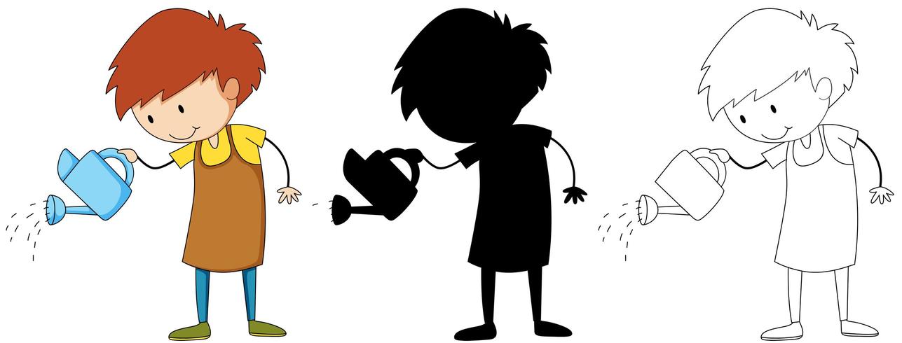 A set of boy with watering can in color, silhouette and outline vector