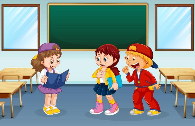 Students talking in an empty classroom vector