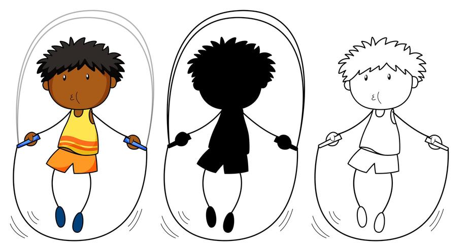 A set of boy jumping rope in color, silhouette and outline vector