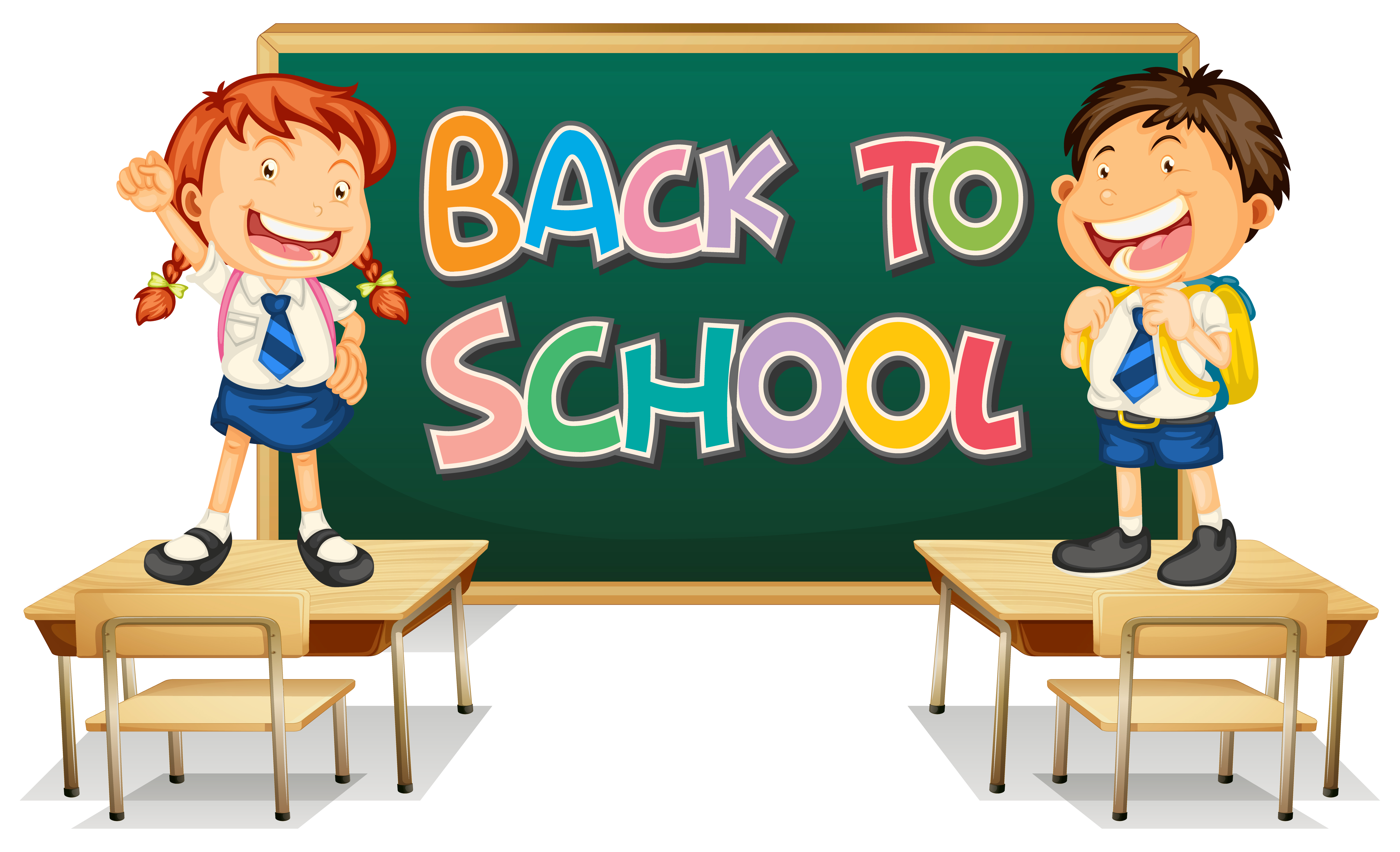 Back to school template with students in front of chalkboard standing