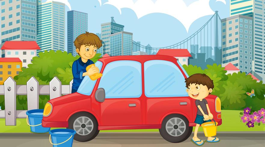 Dad and son cleaning car vector