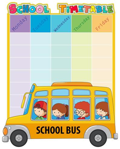 Plantilla de horario escolar con autobús y niños vector