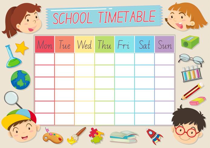 Plantilla de horario escolar con alumnos y útiles escolares vector