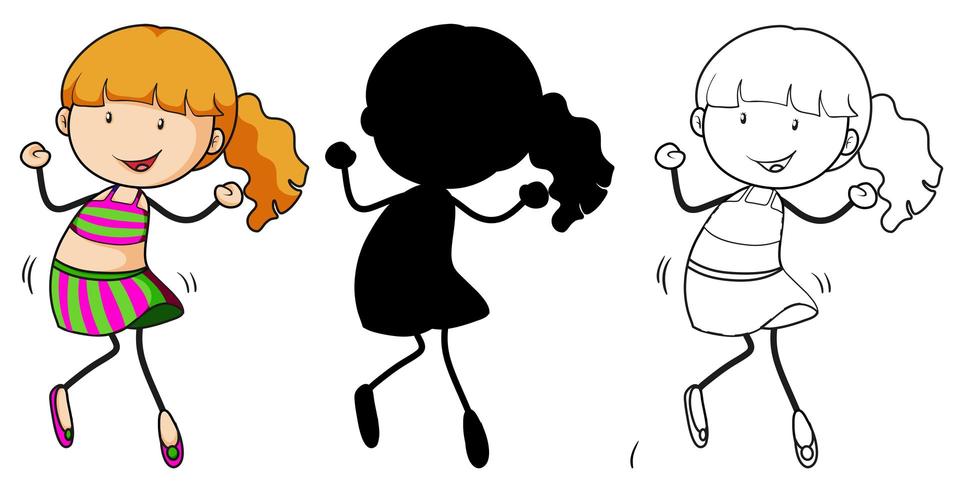 A set of girl dancing in color, silhouette and outline vector