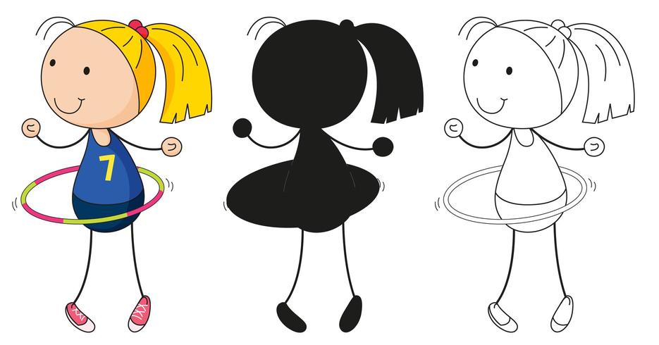 A set of girl with hula hoop in color, silhouette and outline vector