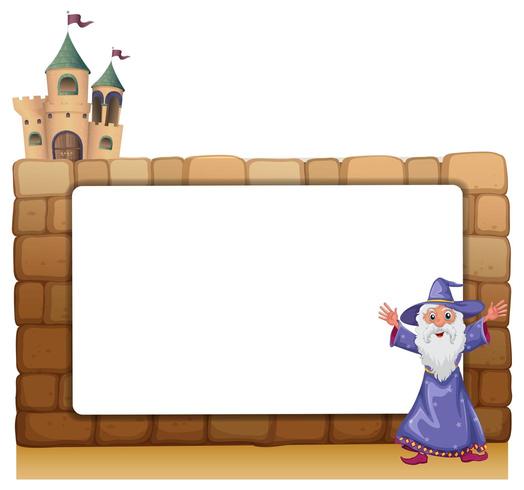 Un mago parado frente a un tablero vacío en blanco en la pared del castillo vector