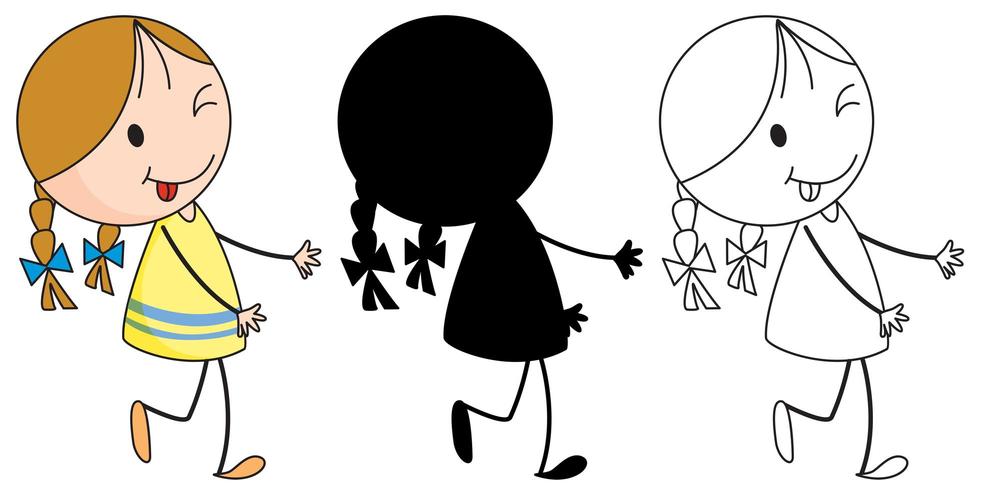 A set of girl sticking tongue out in color, silhouette and outline vector