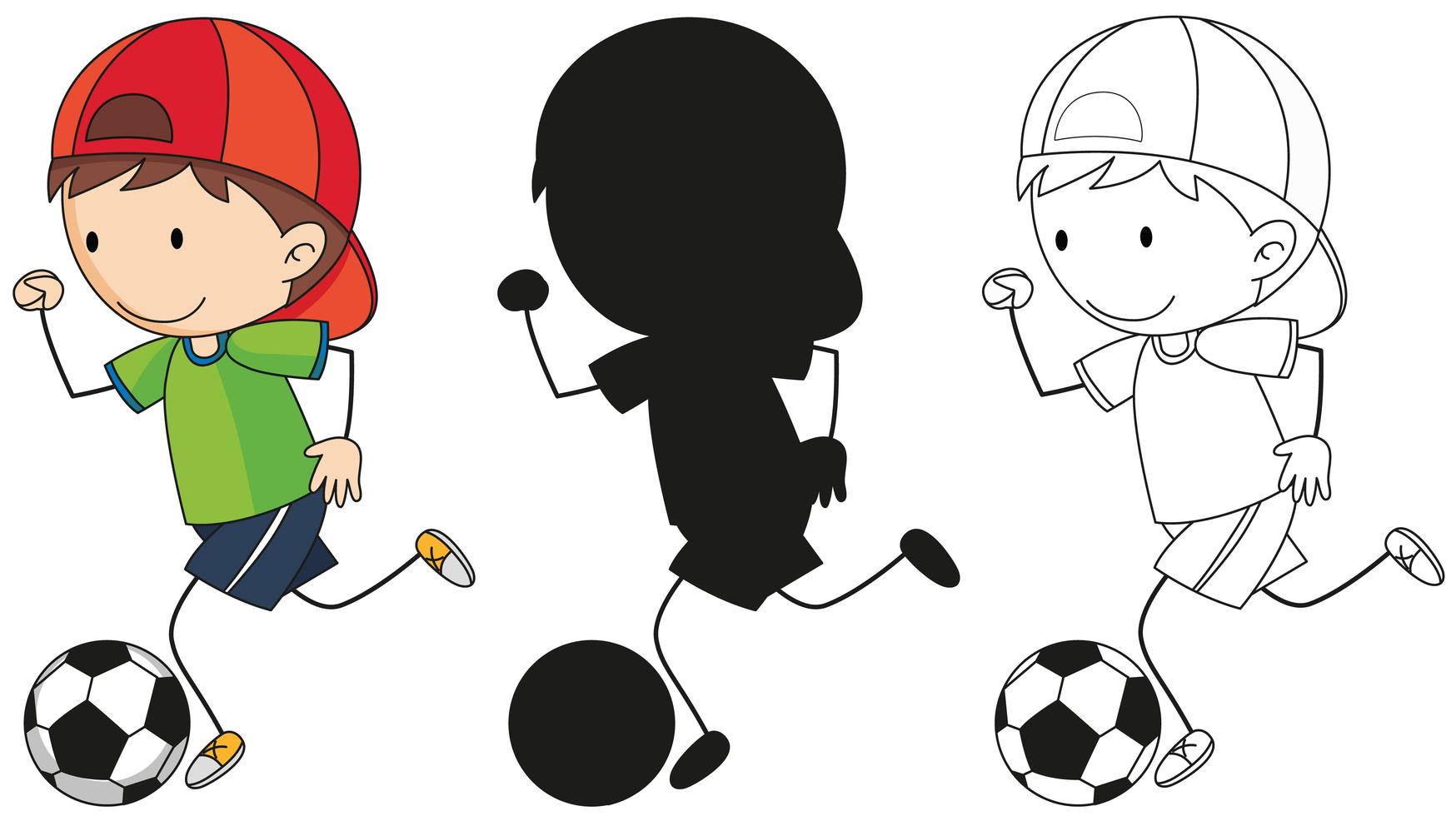 A Set Of Boy Kicking Soccer Ball In Color Silhouette And Outline Vector Art At Vecteezy