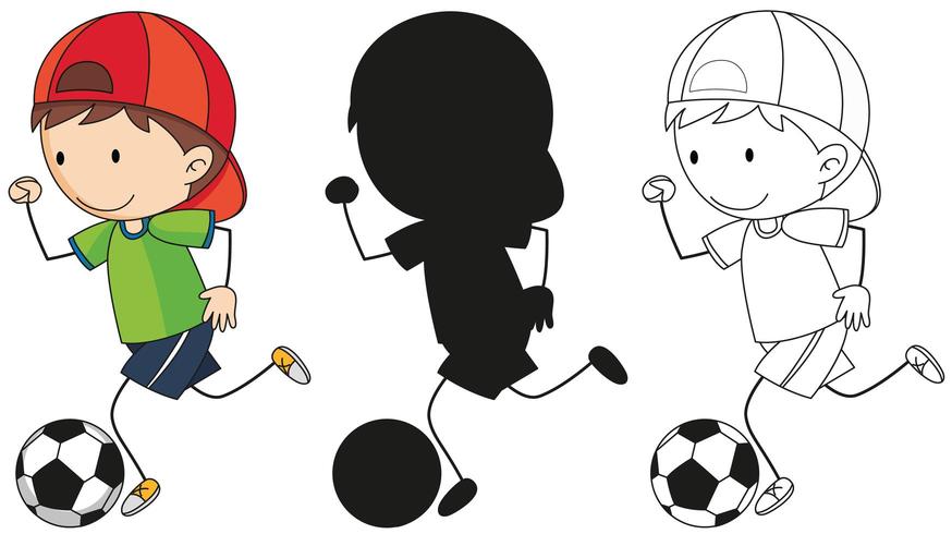 A set of boy kicking soccer ball in color, silhouette and outline vector