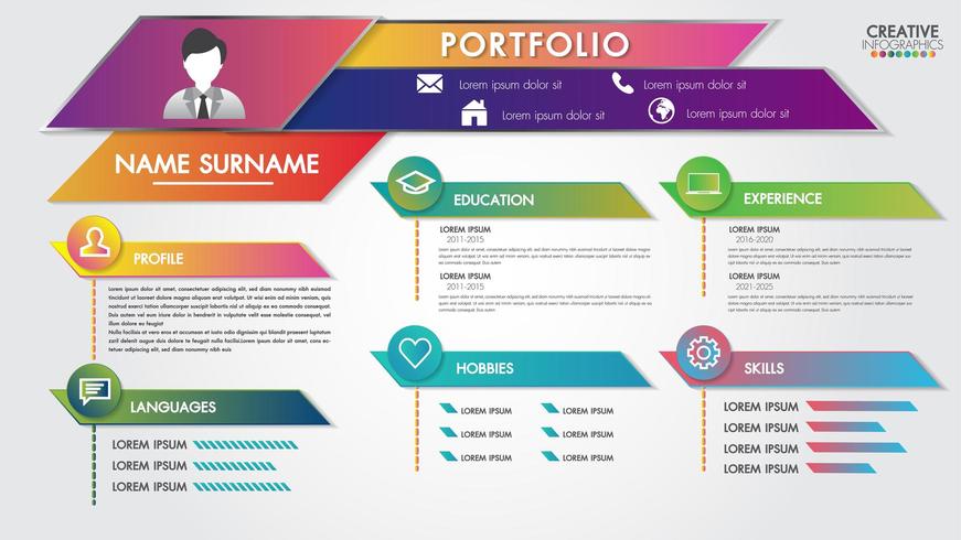 Portfolio resume infographics profile present template modern design with icons user vector