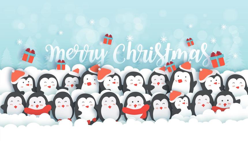 Fondo de Navidad con lindos pingüinos. vector