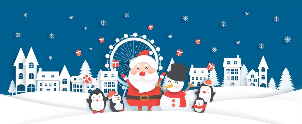 Christmas banner with Santa and cute animals in snow village vector