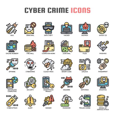 Iconos de delgada línea de delito cibernético vector