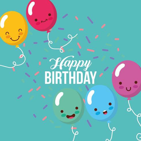 tarjeta de feliz cumpleaños con globos kawaii vector