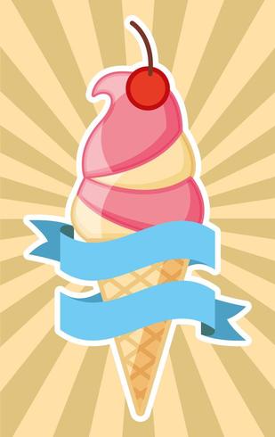 ice cream cone with banner on ray pattern vector