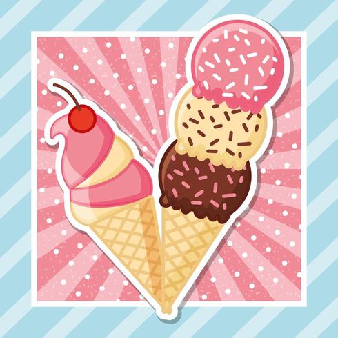 two ice cream cones on ray and striped pattern vector