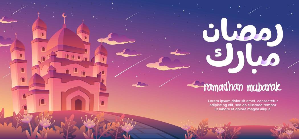 Ramadhan Mubarak con una magnífica mezquita al atardecer decorada con muchas estrellas fugaces vector