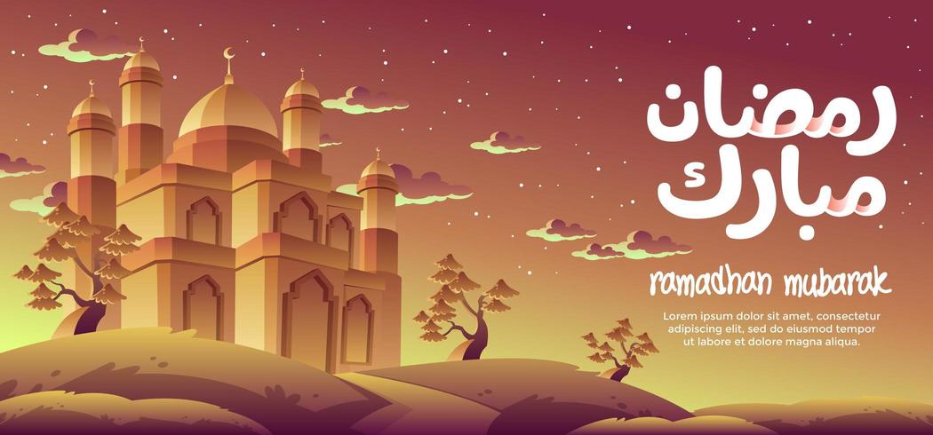 Ramadhan Mubarak con una magnífica mezquita dorada vector