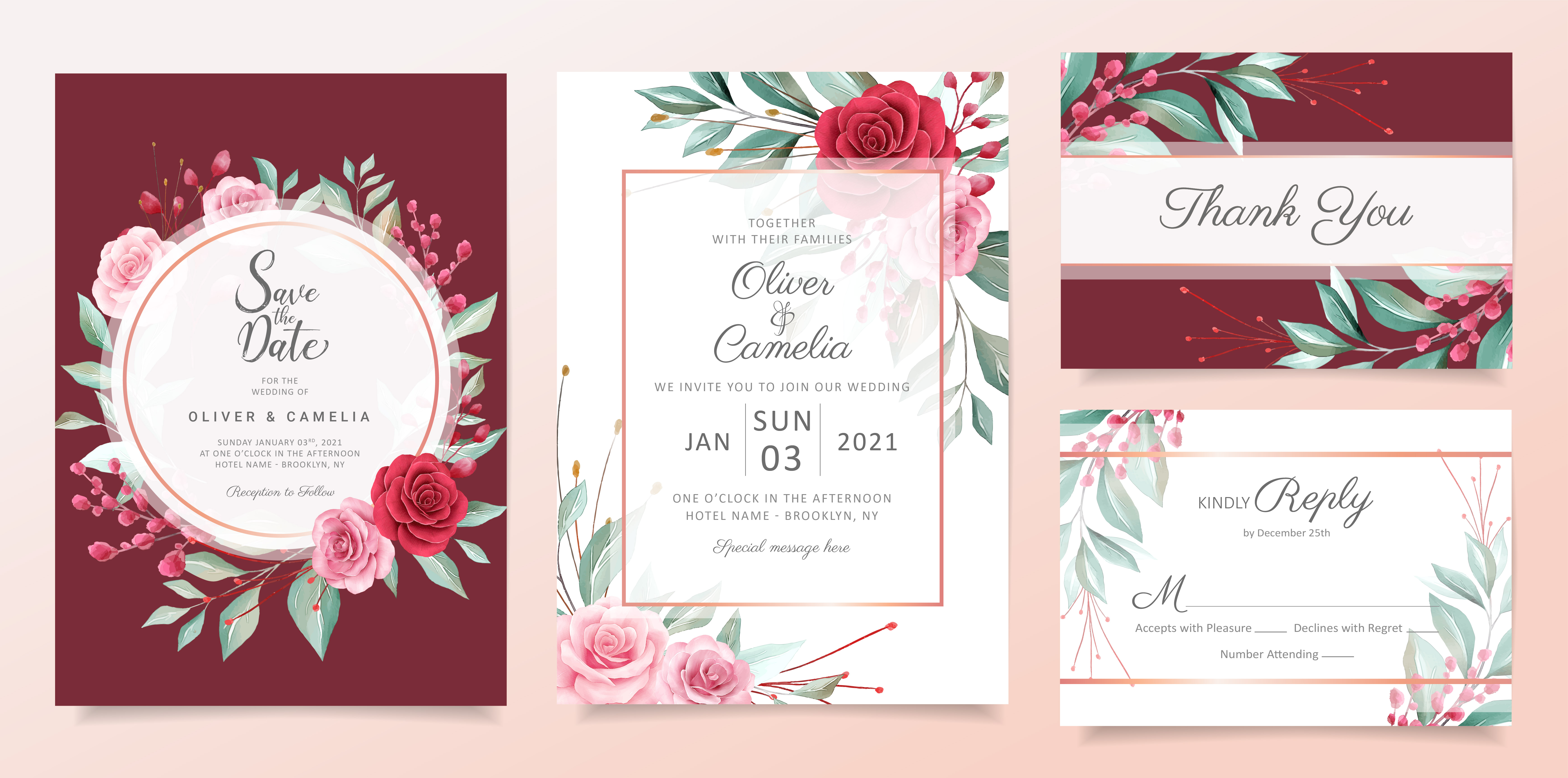 Red floral wedding invitation card template set with watercolor flowers