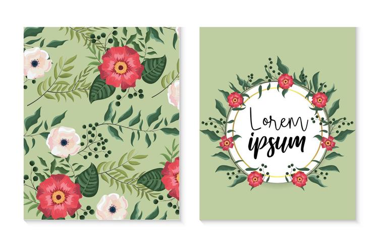 Establecer tarjeta y etiqueta con plantas de flores y rosas vector