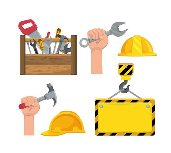 set construction box tool and hand with hammer vector