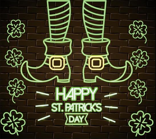 st patrick legs with boots and clovers neon label vector