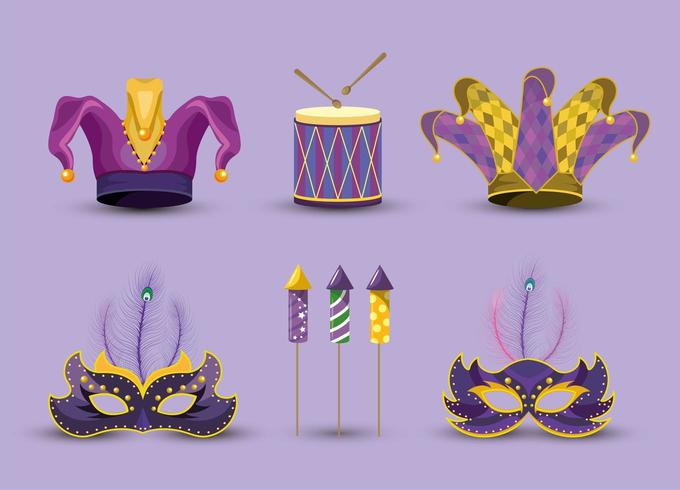 set joker hat with masks and drum to Mardi gras vector