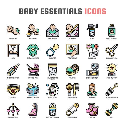 Baby Essentials Iconos de líneas finas vector