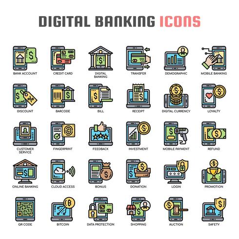 Iconos de línea fina de banca digital vector