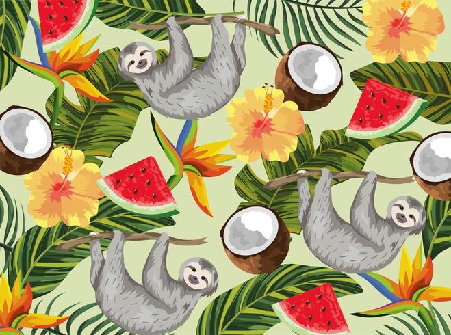 sloth with tropical coconut and exotic flowers vector