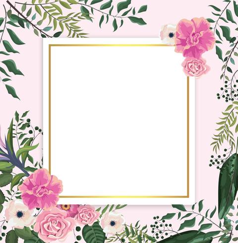 tarjeta con rosas tropicales y flores con hojas de ramas vector