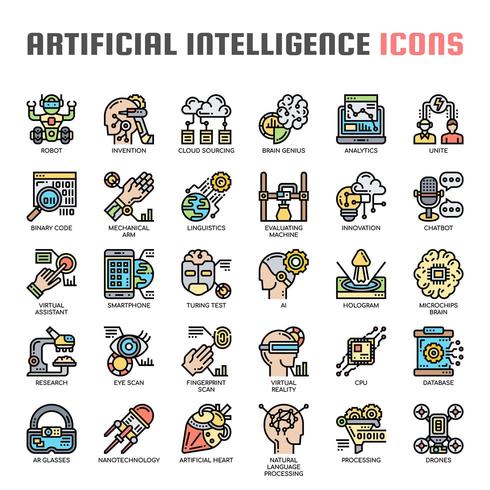 Iconos de líneas finas de inteligencia artificial vector