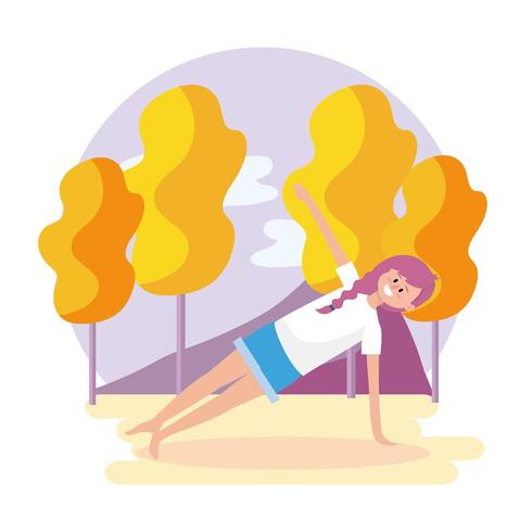 woman exercise pose with trees and mountains vector