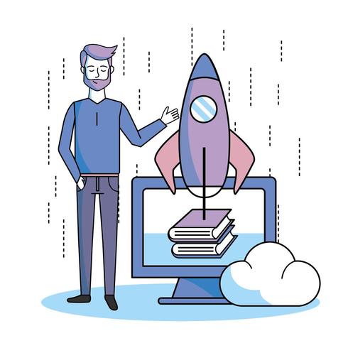 man with computer online books and rocket app vector