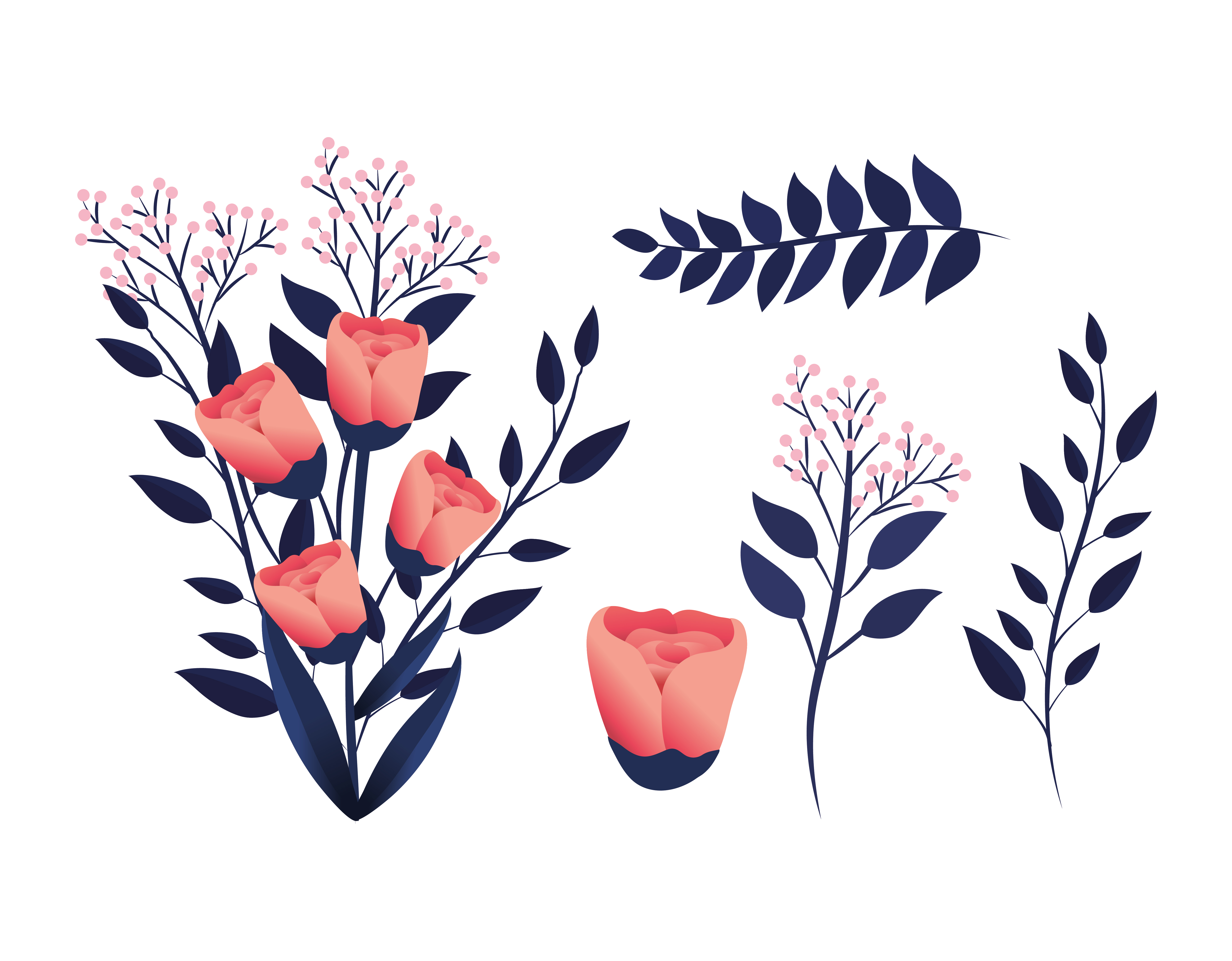 set flowers with petals and branches leaves 685852 Vector Art at Vecteezy